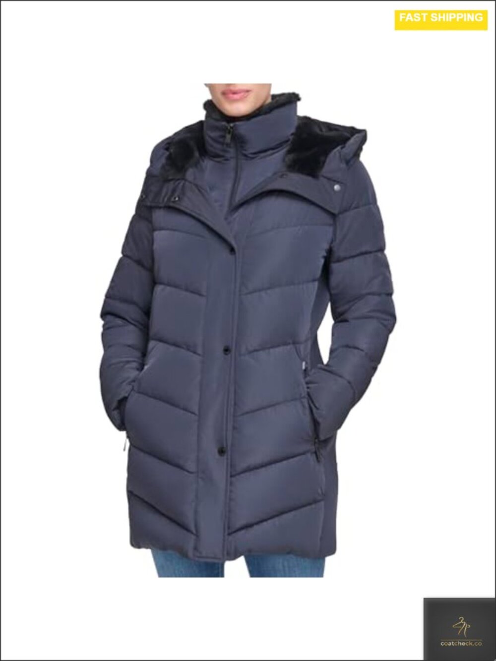 Women's Long Quilted Jacket with Faux Sherpa Hood and Bib